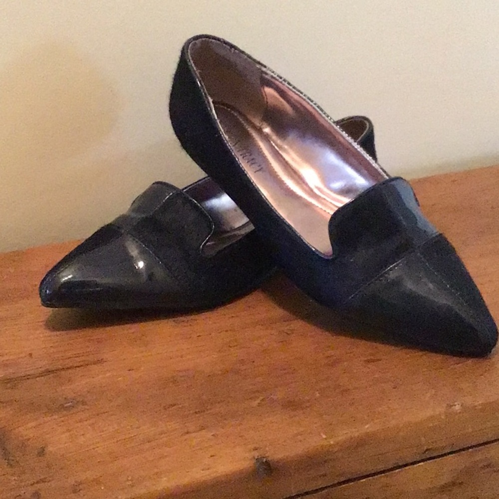 Navy blue patent and suede loafers